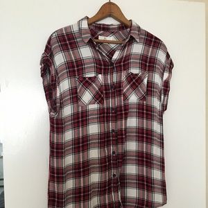 BLL NEW YORK Red White Plaid Button-Up Rolled Cap Sleeve Drop Shoulder Shirt